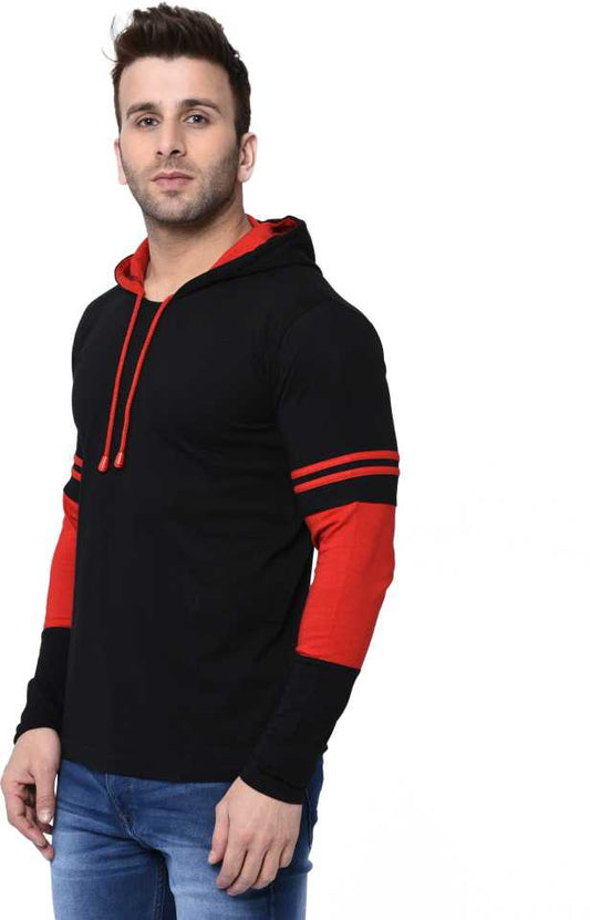 Striped Men Hooded Neck Red, Black T-Shirt